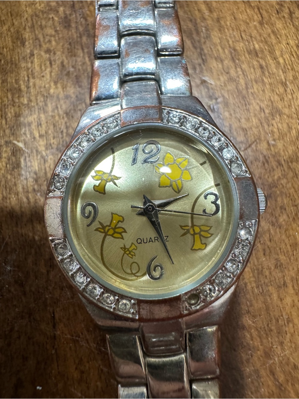 Quartz Women's Silver-Tone Watch with Gold Dial and Floral Accents
